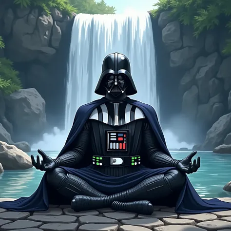 Darth Vader, sitting in the lotus position, on a cobblestone, against the background of a waterfall, meditating, anime style