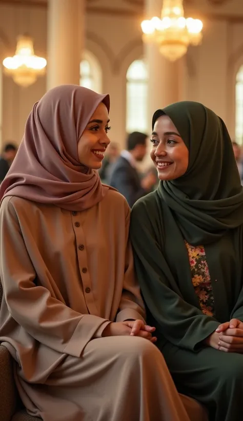 A warm, intimate scene unfolds in the mosque after the seminar, bathed in soft golden light from chandeliers. Rina, a young woman with an oval-shaped face, warm even-toned skin, and almond-shaped brown eyes that radiate determination and calmness, sits nex...