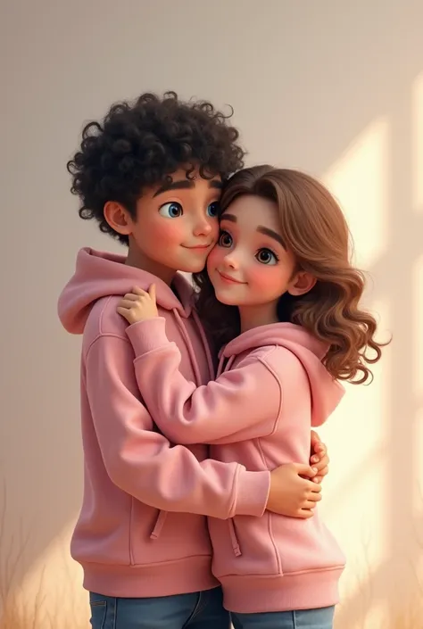    boy, dark short curly     hair, blue eyes wearing a pink hoodie hugging a  girl with brown shoulder length curly hair, brown      eyes wearing a pink hoodie realistic