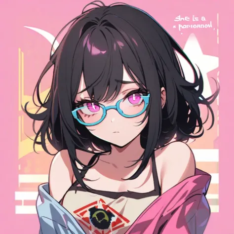  a female character,  with messy hair kind of shy , nerd,  wearing a casual long sleeve t-shirt ,  with simple print and bare shoulders in pink with the symbol ddc and finger design,she has long black hair , a shirt, She is thin, Shes a bit nervous , Shy, ...