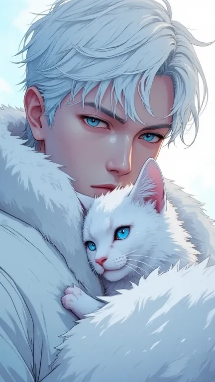 (anime ilustration poster) 
realistic anime style, highly detailed digital artwork, close-up of a handsome man with a cat, fair porcelain-like skin, strikingly pale complexion, ethereal tousled white hair partially obscuring features, piercing blue eyes fr...