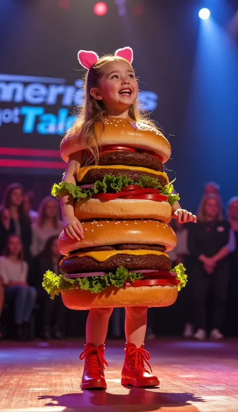 A young gril  performs a fusion show with a Burger on AGT TV show The girls clothes are made of burgers