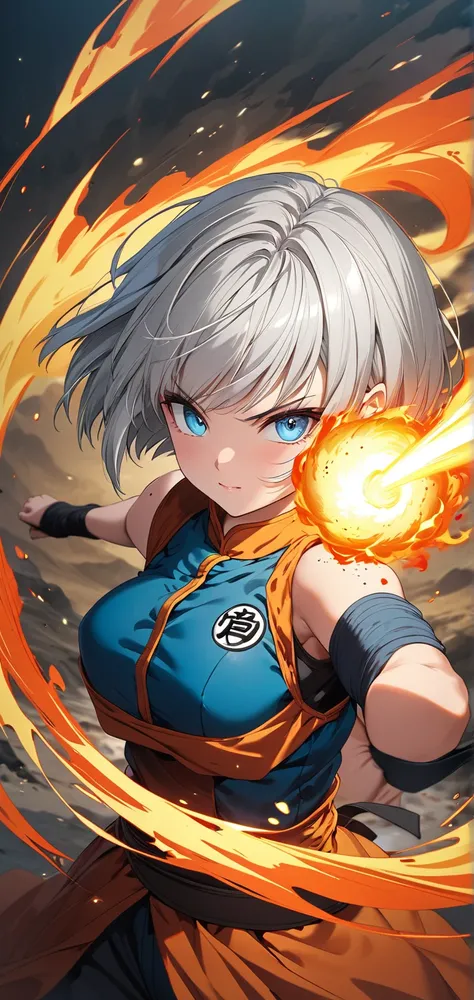 Ultra high resolution, rich colors, perfect image, best quality, detailed image, beautiful single woman, glowing skin, skin and clothing texture, delicate eyes, Dragon Ball, Dragon Fist Explosion, (((Silver Hair Short Bob))), blue eyes