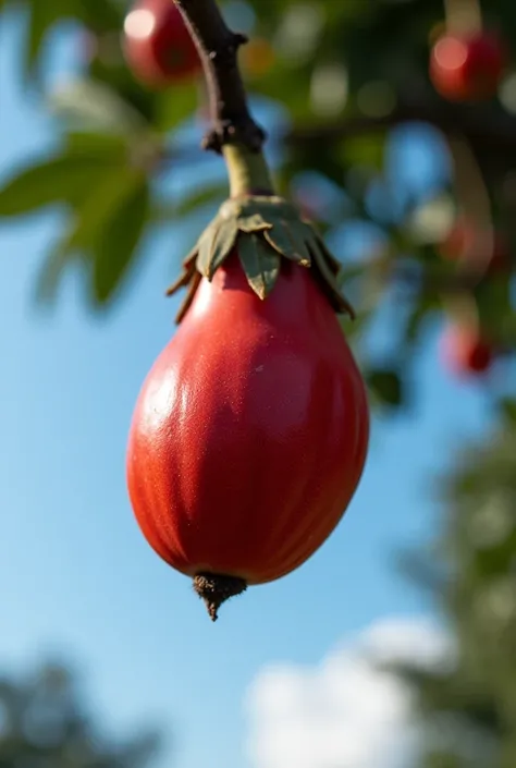 The image is a close-up of a cashew fruit hanging from a tree branch. The cashew fruit is shiny red and has the shape of an upside-down monkey. The fruit is hanging from the branch with some blackish-green leaves attached to it. The background is blurry, b...