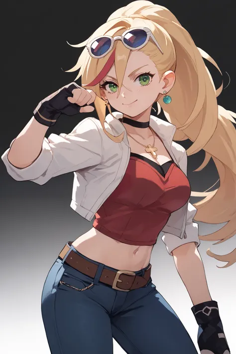 20 year old girl, long flowing ponytail blonde hair, red stripes on hair, blue sunglasses on head, cute face, green eyes, light blush, green earrings, prism necklace, black tube top with a white cross, open midriff, white biker jacket, red vest, fingerless...