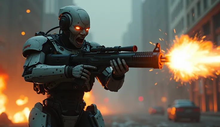 8k, ultra realistic, a cyborg, transhumanism warrior, close up portrait, epic shot, wide angle , have him firing his ,echo machine gun.   Have it an epic shot, with motion blur behind him as he stands him ground yelling and firing his weapon ,    Action sc...