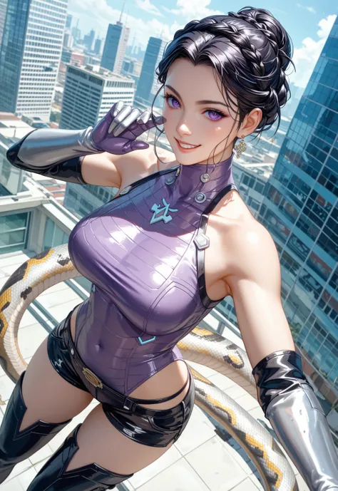    cinematic angle entwined with snakes、 top quality 、 masterpiece、 Ultra Fine、（Shooting Resolution ：1.4）、  Ultra Fineシネマ、  angle seen from above 、  upper body、Cyberpunk Building、  action pose、  girl 、 Black Hair French Braid 、Metallic Shorts 、whole body、s...