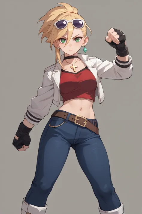 20 year old girl, long flowing blonde hair, blue sunglasses on head, cute face, green eyes, light blush, green earrings, prism necklace, black tube top with a white cross, open midriff, white biker jacket, red vest, fingerless gloves, jeans, very loose bro...