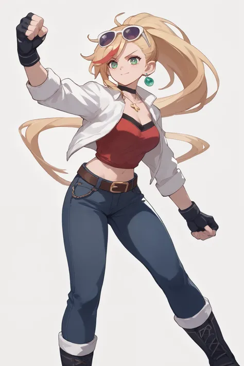 20 year old girl, long flowing blonde hair, blue sunglasses on head, cute face, green eyes, light blush, green earrings, prism necklace, black tube top with a white cross, open midriff, white biker jacket, red vest, fingerless gloves, jeans, very loose bro...