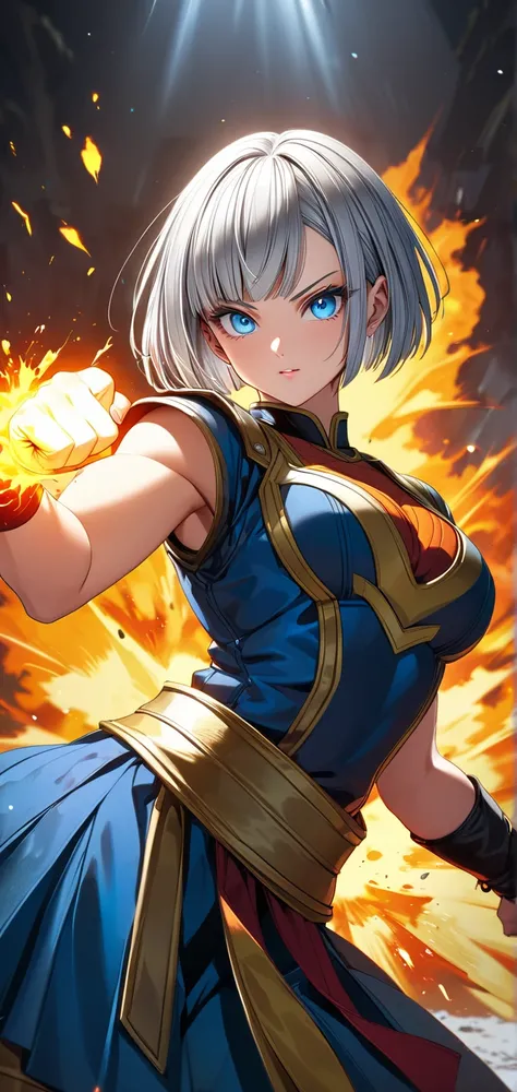 Ultra high resolution, rich colors, perfect image, top quality, detailed image, beautiful single woman, glowing skin, skin and clothing texture, delicate eyes, Dragon Ball, dragon fist explosion, one-handed fist raised up, (((silver short bob))), blue eyes