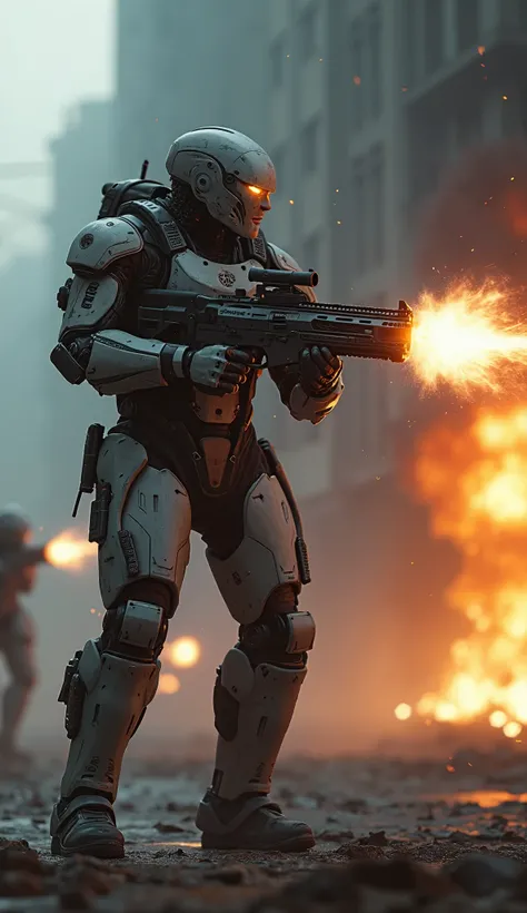 8k, ultra realistic, a cyborg, transhumanism warrior, close up portrait, epic shot, wide angle , have him firing his ,echo machine gun.   Have it an epic shot, with motion blur behind him as he stands him ground yelling and firing his weapon ,    Action sc...