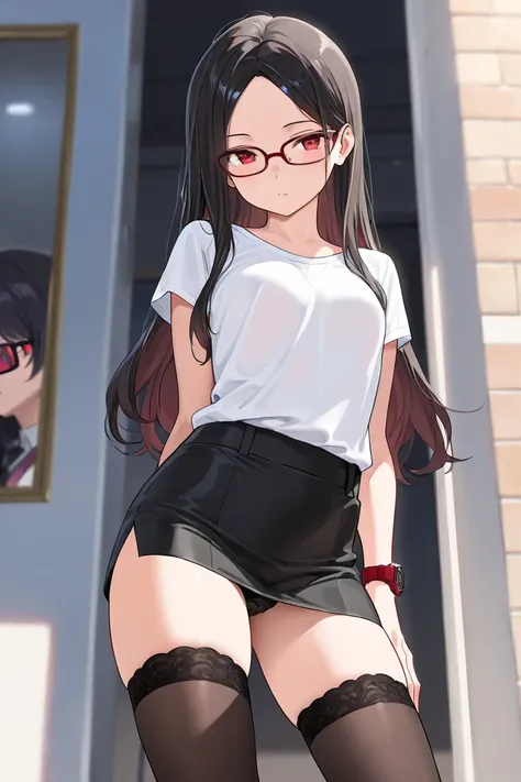 ((best quality)), ((masterpiece)), femboy, dark parted hair, cute eyes, elegant look, mini skirt, white t shirt, red eyes,  thigh highs, dark glasses, cool red watch