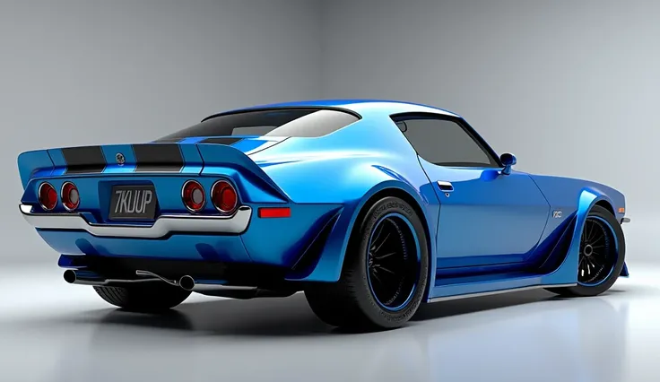 Create a 3D render of a car design featuring the ford 1972 Chevrolet Camaro IROC Z. The car should be viewed from the left in Blue. Include a [Brand Logo] prominently on the left. The headlights should be [white],. The license plate should display IROC Z. ...