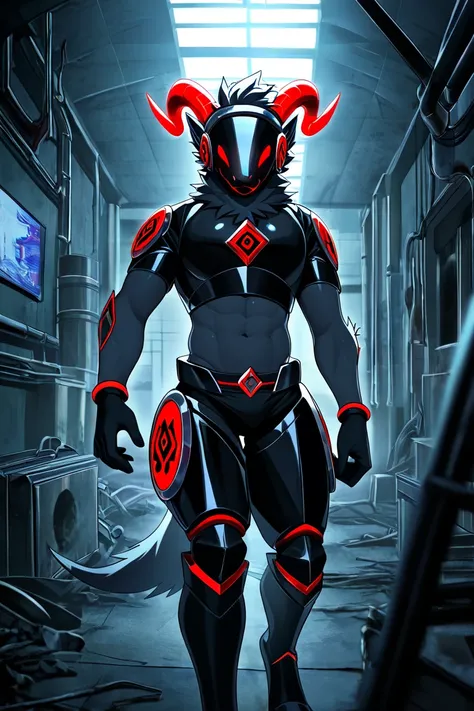 A sleek male protogen with a black screen for a face and curled red rams horns and a red-and-silver color scheme. In an abandoned factory.