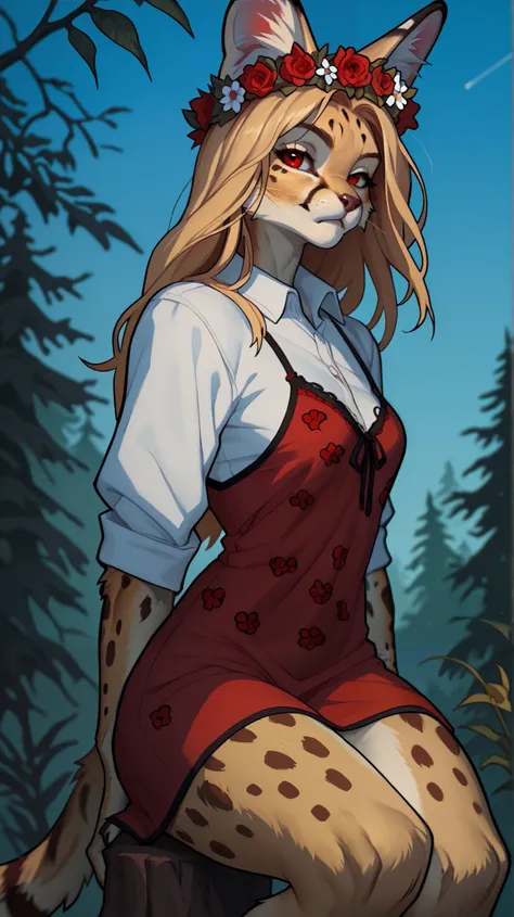 (zPDXL2), (PonyXLV6_Scores), Expressiveh, full body shot, BREAK
lhata4564, d3t41l3d, 
1girl, furry, female, syltanding, ((flower crown)), blonde long hair, (white long shirt, Slavic shirt, shirt-dress, Russian traditional shirt, knee-lenght shirt, shirt, k...