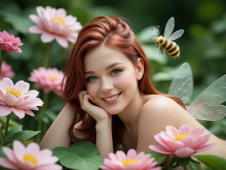 masterpiece, 4k, 8k, 16k. in the centre of 1one giant pink flower there is a (very small, tiny) fairy with big pale dragonfly wings, she is naked and has long dark auburn hair and green eyes (hailee steinfield). She is smiling slightly.  In the flower is a...