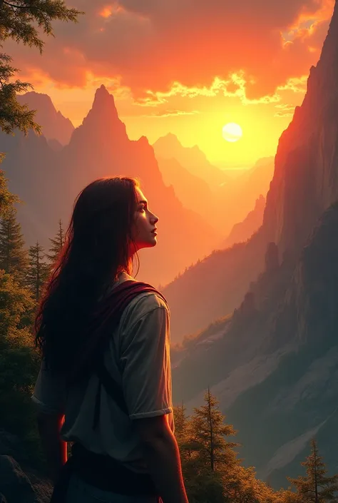  and a young man with long hair staring at that sun with fiery eyes on the fiery, strong sun 、The surrounding area is a beautiful mountain 々、That sun is going to set