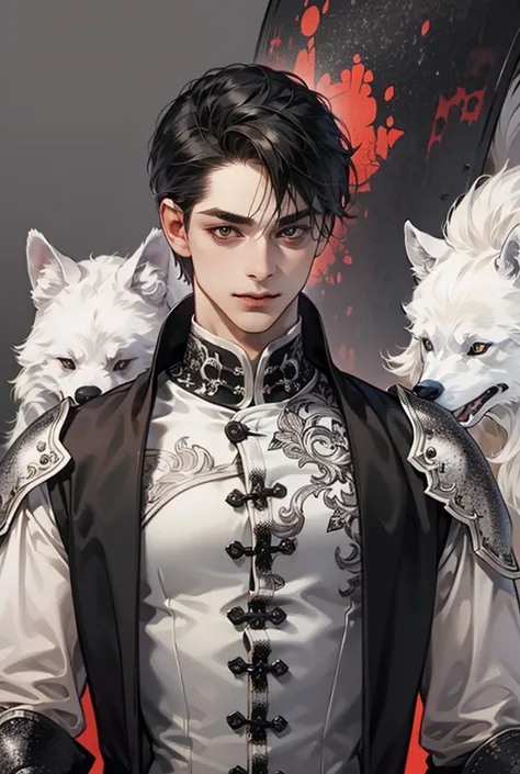 Playful face, fit physique, mischievous smile, gothic-patterned armor, wolf-cut hairstyle.Black hair