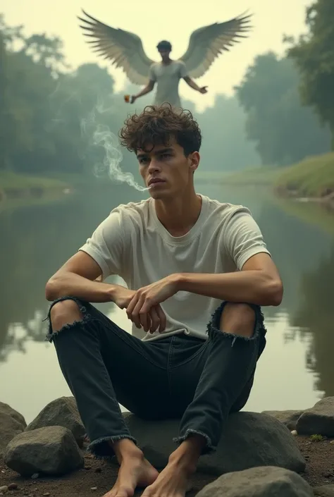  Artistic film poster , Cinematic, vintage, a young man ,  short hair curls ,  wearing a shabby dull white t-shirt ,  black denim pants ripped fit body , barefoot ,  with face looking Kumal and moody sitting on rocks against river background while smoking ...