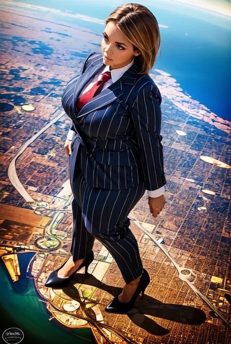 view from outer space of an approaching young giga giantess, Giantess art, 500 miles tall giga giantess, young sophisticated and stylish woman in a light grey italian pinstriped double breasted trouser suit, form fitting crisp office shirt, and a large wid...