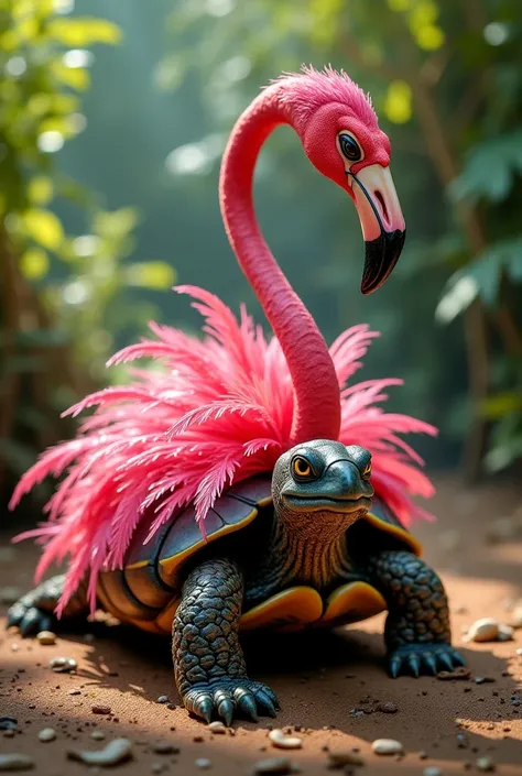 A hybrid turtle with a long flamingo neck and shell adorned with pink feathers.