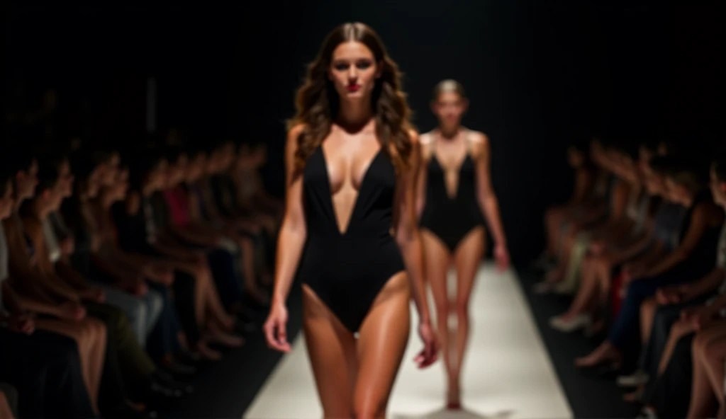 The image shows two models walking down a runway in black swimsuits. The model on the left is wearing a black one-piece swimsuit with a plunging neckline and thin straps. She has long dark hair styled in loose waves and is looking directly at the camera wi...