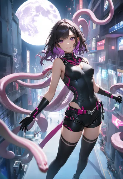    cinematic angle entwined with snakes、 top quality 、 masterpiece、 Ultra Fine、（Shooting Resolution ：1.4）、  Ultra Fineシネマ、  angle seen from above 、  upper body、Cyberpunk Building、  action pose、  girl 、 Black wavy hair、Metallic Shorts 、whole body、smile、1 pe...