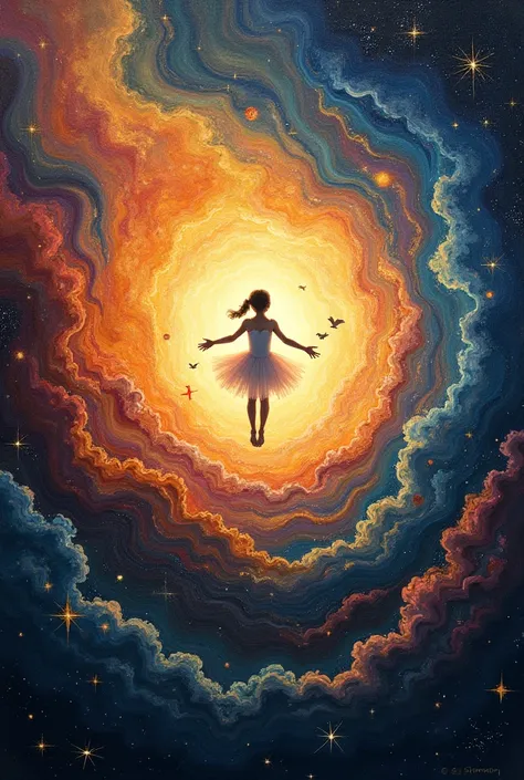 Title: “The Silent Supernova”
	1.	Concept:
A girl is floating in the middle of a cosmic explosion—a supernova. Instead of destruction, the explosion creates life: flowers, birds, and other peaceful symbols emerge from the swirling clouds of stardust and en...