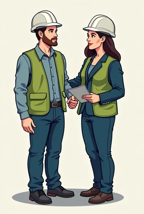  Cartoon photo of young couple working men coal mining using green vests and white safety helmets and wearing black safety shoes,  women working in banking using blue suit , wearing navy blue veil Plain background  