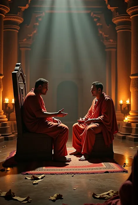 "A hyper-realistic scene of Chanakya and Chandragupta Maurya sitting in a dimly lit ancient chamber, discussing the future of the Maurya Empire. Chandragupta wears traditional royal attire, seated on a throne, while Chanakya stands beside him, delivering a...