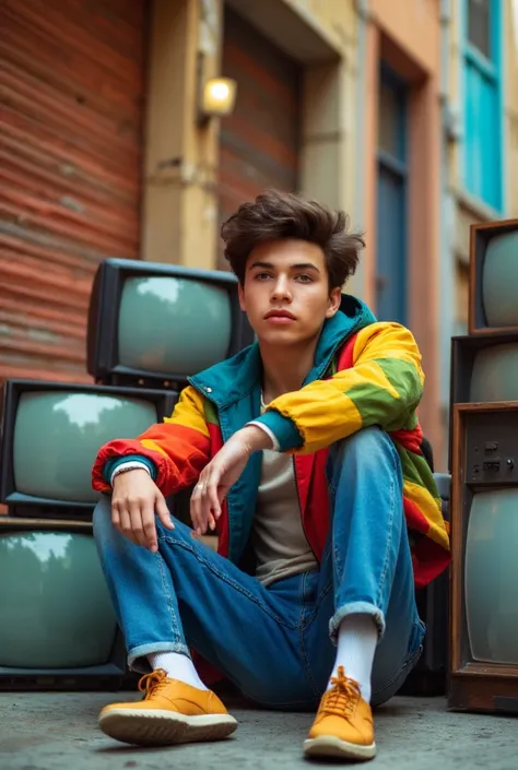 Portrait of a young man sitting casually in a vibrant urban setting, surrounded by old vintage televisions stacked on the street, wearing a colorful jacket and denim jeans, with a relaxed expression. The backdrop features textured walls and closed shutters...