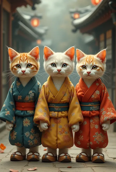 The reality of three cats wearing Japanese kimono clogs looking at me