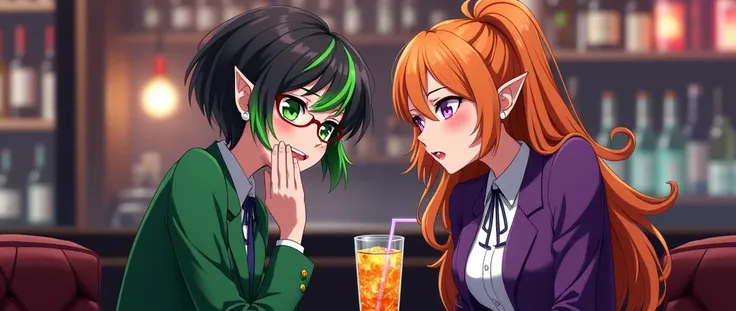  Two girls at a bar at a table . Opposite each other . anime elf,  full height, In a green business suit .  She has short black and green hair ,  bright green eyes . She is wearing round glasses,  bites her neck with highlights and round earrings .  Next t...