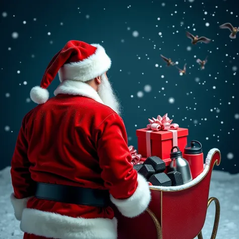 In the image, Santa Claus is seen from behind with only his upper body half up, wearing his traditional red costume and white hat. The background includes a dark blue sky with falling snow and birds flying. Santa Claus is carrying a sleigh or bag filled wi...