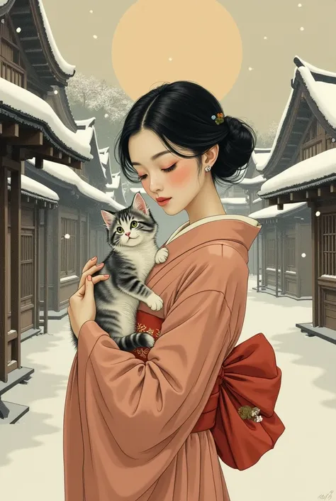 s greatest masterpiece、 old Japanese cityscape、Kyoto、Lovely girl holding a cute kitten、Winter Scenery、 snows、 sunrise、Meiji Period、Retro、