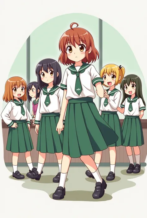 A group of students, the girls wearing a blouse white and has a green mens tie and a medium-length skirt color green. Make it a cartoon or a clipart