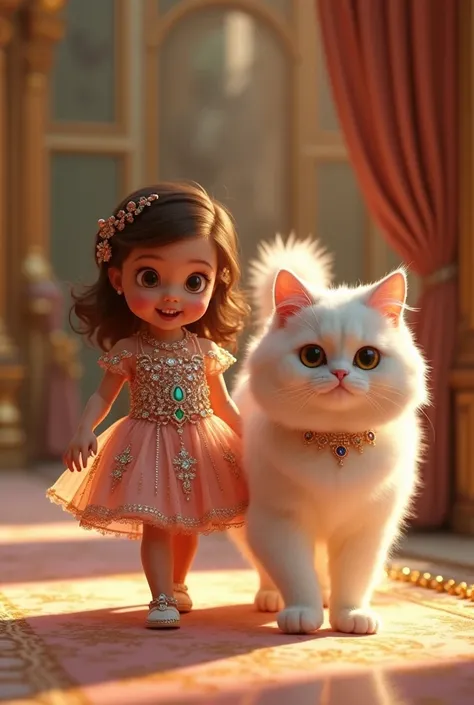 A baby girl is luxuriously dressed in a dress embroidered with precious stones such as diamonds, emeralds and rubies, shining brightly in the light. She walks confidently next to a majestic Persian cat with soft white fur, adorned with a sapphire collar. T...