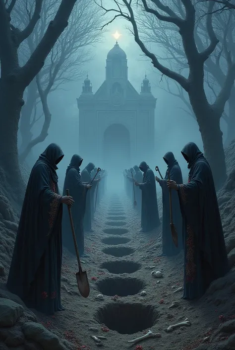 Make me a fantasy picture of people digging graves