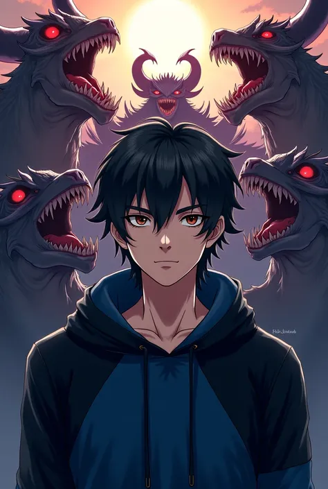 Handsome Men Faired-Skin With Black Haired And Brown Eyed Alone, Wearing A Black And Blue Hoodie, Surrounded By Dangerous Demons, A Dramatic Scene Sunlight Gazing On Handsome Men, Anime Style 