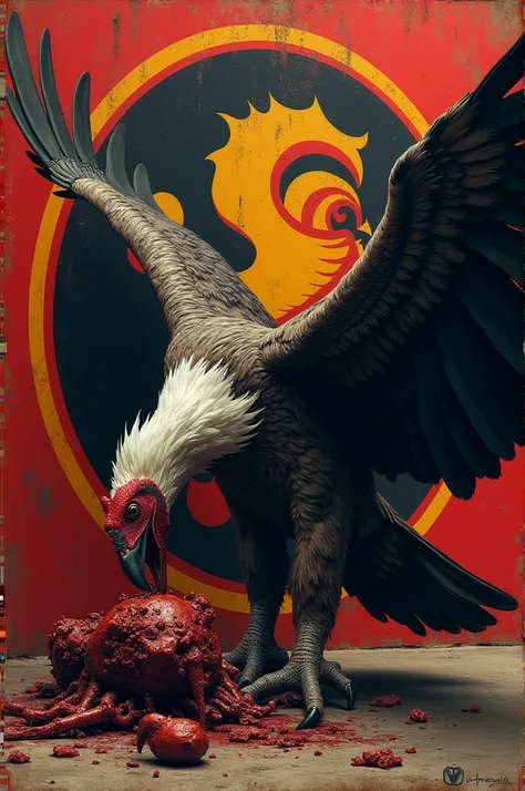 Create an image of a vulture devouring a rooster and the Flamengo soccer teams shield as the images wall background 