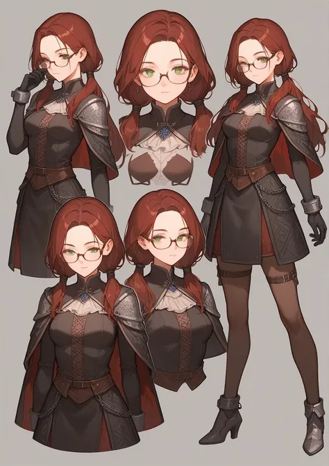 close up, (full body), score_9, score_8_up, score_7_up, (solo), burgundy hair, green eyes, oval glasses, long hair, forehead, (black tight suits) , ((medieval setting)), (long low hair tails), medium breasts, (skirt), (expensive clothes), ((narrowed eyes))...