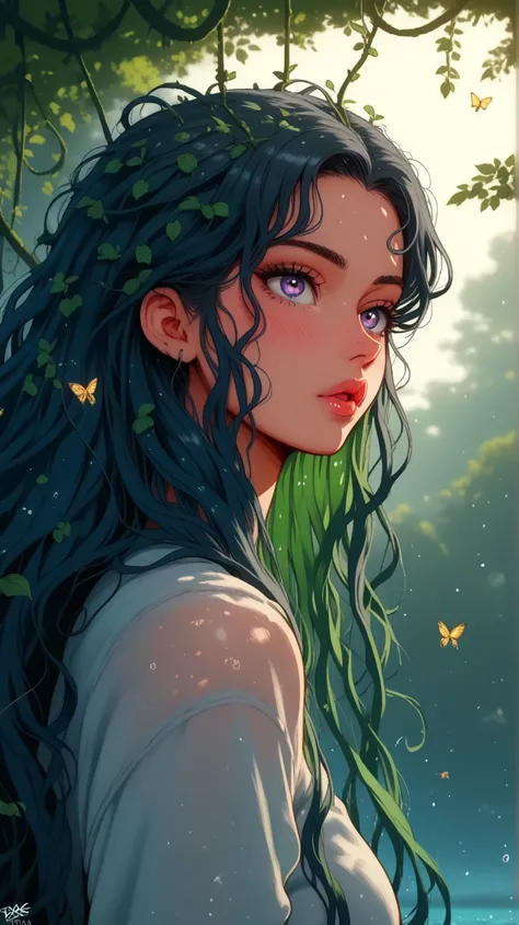 zrpgstyle, from_side from_below beautiful scary woman made of water (sadness expression:1.2) woman with (long water hair:1.2) rising out of the water moss smoke vines churning water fireflies midnight moonlight backlight (masterpiece:1.2) (best quality) (d...