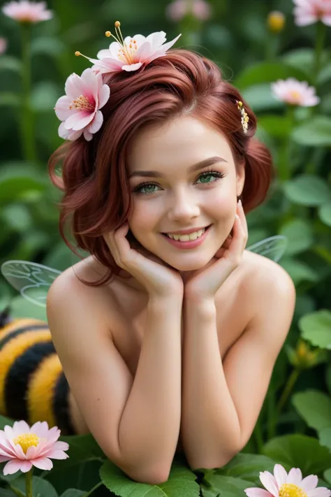 masterpiece, 4k, 8k, 16k. in the centre of 1one giant pink flower there is a (very small, tiny) fairy with big pale dragonfly wings, she is naked and has long dark auburn hair and green eyes (hailee steinfield). She is smiling slightly.  In the flower is a...