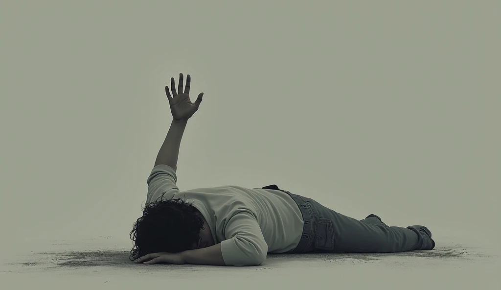 A person lying on the ground with their hand raised, facing the camera.

