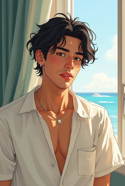  The model is a sexy dark skinned manwha man and  in a naturally lit room, His clothes are disheveled and he is blushing with affection {{{best quality}}}, {1man}, depth of field, {game cg},angular face, adult, watercolor on paper, {{{{{{2024 manhwa style}...