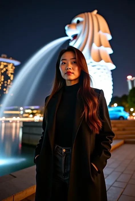 Photography fisheye lens of A beautiful korean woman chubby, plump chubby, long dark brown hairstyle. with an elegant style around her face. He wore a sophisticated black cashmere coat layered over a black shirt, paired with fitted black jeans to create a ...