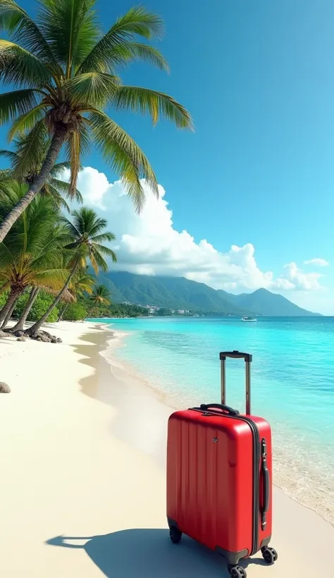 " An image of a paradisiacal beach with crystal clear waters ,  white sand and coconut trees in the background . Ou, Alternatively,  could be a mountainous landscape or a famous city , like Paris or Tokyo .  Include a suitcase ready next to symbolize the d...