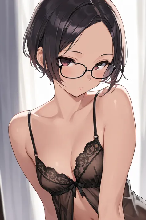 ((best quality)), ((masterpiece)), femboy, dark parted hair, cute eyes, elegant look, dark glasses, lingerie, FEMBOY, NO TITS