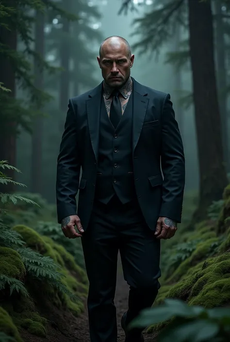 Create me a handsome wide-built Russian man tattooed with blue eyes and buzz cut in a black suit standing in a dark forest 