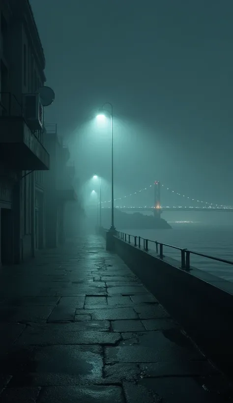 Start with a foggy night in San Francisco Bay Area, emphasizing the eerie ambiance with dim streetlights casting long shadows. Use 3D effects to enhance the depth and realism of the scene